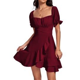LYANER Women's Square Neck Ruffle Wrap Mini Dress Off Shoulder Flounce Short Sleeve A Line Flowy Dress Burgundy Medium
