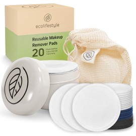 Ecolifestyle Reusable Makeup Remover Pads (20 Pack) - Reusable Cotton Rounds with Laundry Bag & Metal Storage Box | Eco-Friendly, Zero Waste | Bamboo, Terry & Charcoal Washable Face Pads