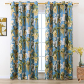 L.Z.E Floral Blackout Curtains for Bedroom Light Blue & Yellow Vintage Black Out Curtains 63 Inch Long 85% Room Darkening Drapes for Living Room Thermal Grommet Top 2 Panels Set Retro Short