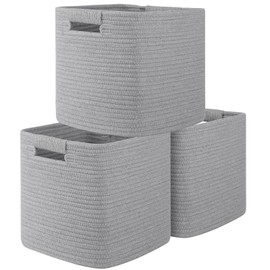 OIAHOMY Storage Cubes 11 Inch Bins-3-Pack, Cotton Rope Woven Baskets for Organizing, Square Storage Baskets for Shelves, Classroom, Kids Toy Bins, Closet, Baby Nursery-Grey