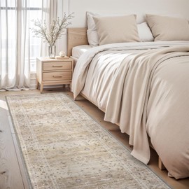 2x6 Runner Rugs for Hallways Washable Area Rugs Low-Pile, Vintage Bathroom Runner Rug Non Slip, Distressed Ultra-Thin Indoor Carpet Bedside Rug, Beige