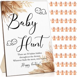 51 Pieces Baby Shower Games Include Wooden Baby Hunt Sign 50 Mini Plastic Babies Tiny Babies Boy Girl Baby Shower Games Gender Reveal Party Favors Baby Shower Prizes for Game (Boho Style)