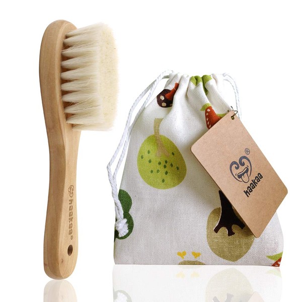 haakaa Wooden Baby Hair Brush for Newborns and Toddlers Baby Brush Natural Soft Goat Bristles Hairbrush, Ideal for Cradle Cap, Perfect Baby Registry Gift with Carry Pouch, 1PC