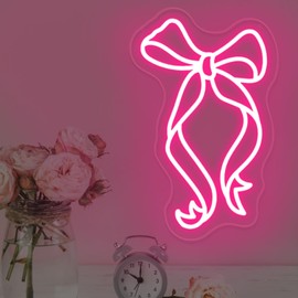 Bow Ribbon Neon Sign - Light-Up Pink Bow Neon Decor for Girls Bedroom, Nursery, and Birthday Gift, Elegant Wall Art for Kids, 15″ × 9.2″