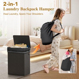 Foluck 2-in-1 Laundry Hamper with Laundry Backpack, 60L Waterproof Basket with Lid, Laundry Bag with Shoulder Straps and Mesh Pocket, Hamper for College Dorm, Travel, Apartment, Laundromat