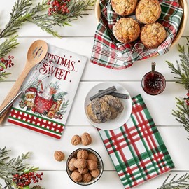 Cylanta Christmas Kitchen Towels Dish Towels Set of 2, 18x26 Inch Red Green Buffalo Plaid Xmas Sweet Trees Seasonal Hand Towel for Cooking Decoration