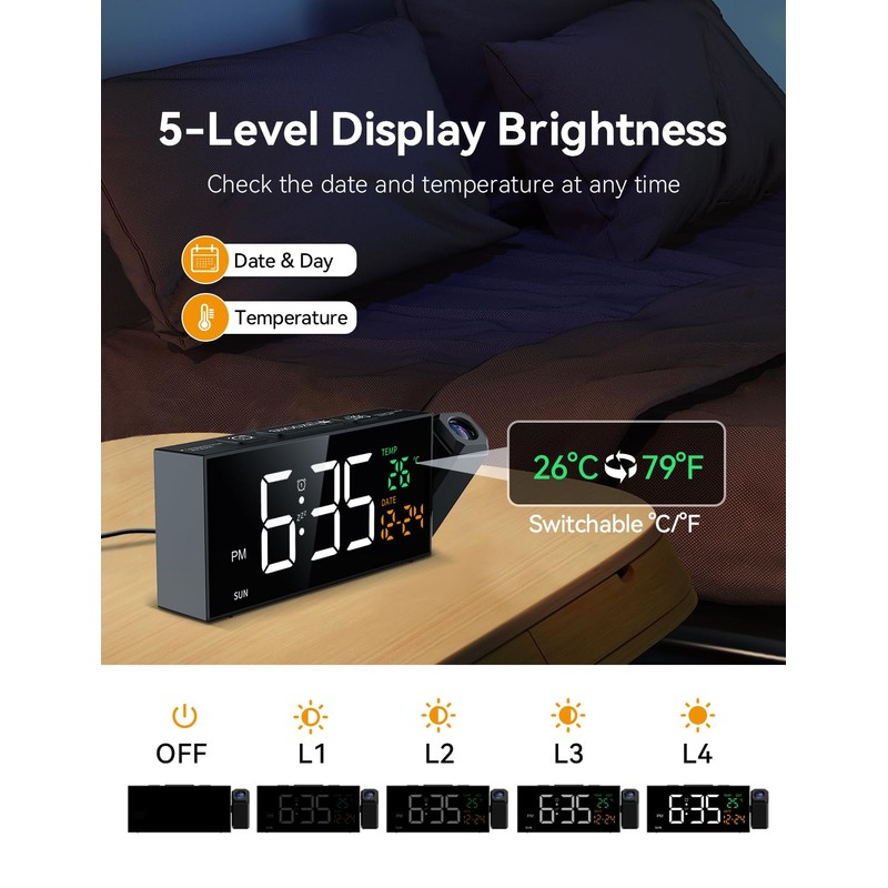 Netzu Projection Clock for Bedroom Ceiling, Alarm Clocks with 180°