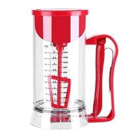 Batter Mixer Dispenser, 1200ML ABS Pancake Cupcake Waffle Batter Mixer Machine, for Kitchen Use, Electric Battery Powered, Clear Calibration, Easy To Clean (Transparent Chamber + Red Shell)