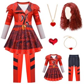 RuuYiicoco 6 Pcs Rise Princess Red Costume For Girls Party Dress Outfit Set With Wig (Red, 8-9 Years)