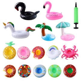 Blovec - Juego de 15 flotadores inflables para bebidas, portavasos inflables con bomba de aire para fiesta en la piscina de verano
