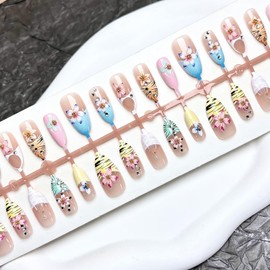 30Pcs Flower Press on Nails Summer Fake Nails Long Almond False Nails Hawaiian Flower Gold Jewelry with Rhinestone Design French Tip Glue on Nail Nude Stick on Nail Salon Manicure for Women