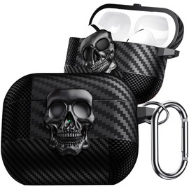Fofvccv for AirPods 4th Generation Case 2024 with Rotatable Skull Metal Lock, Men Carbon Fiber Shockproof Protective Cover with Carabiner Compatible with MagSafe for AirPods 4 Case, Skull Black