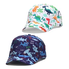 2 Pack Boys Baseball Cap Kids Adjustable Strap Dinosaur Shark Car Cap Sun Hat Summer Accessories, Navy Shark + White Dinosaur