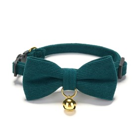 YUDOTE Cotton Breakaway Cat Collar with Bow Tie and Bell, Adjustable Cute Soft Corduroy Kitten Collars for Girl and Boy Cats,Dark Green