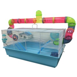 Large 2-Level Habitat Hamster Rodent Gerbil Guinea Pig Mouse Mice Cage with Crossing Bridge Long Crossover Tube Deep Tray (Blue)