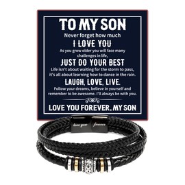 Jewelayer To My Son Bracelet From Dad In Box, Love Forever Leather Wristlet For Men, Double Row Braided Wristband For Man, Bonus Son Bracelet, Gift For Son’s Birthday, Graduation (Two Tone Box)