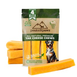 PeaksNpaws Yak Cheese, High Protein, Himalayan Dog Chews, Natural Dog Treats, Lactose Free, Long Lasting Dog Treat for Aggressive Chewers Under 55 lbs, 4 Large Chew Sticks, 100% Eco-Friendly Packaging