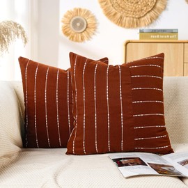Rust and White Striped Pillow Covers 18x18-2Pcs Boho Farmhouse Decorative Throw Pillow Covers for Couch Bedroom Living Room -Neutral Textured Square Cushion Covers,Modern Rustic Cottage Core Decor