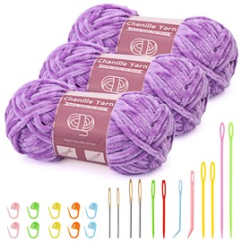 3 x 100g (3 x 80m) Chenille Yarn, Velvet Yarn for Knitting and Crochet with Large Eye Needles, Soft Chenille Yarn for Clothes, Blankets, Bags, Sweaters, DIY Knitting Projects (Light Purple)