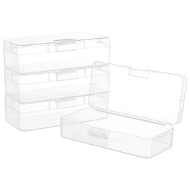 BENECREAT 4 Packs Rectangle Plastic Container Box, 18x7.5x4.7cm Clear Storage Organizer with Hinged Lid and Hanging Hole for Small Craft Accessories Office Supplies