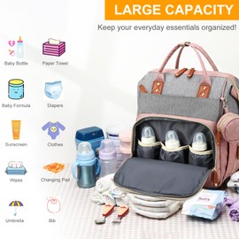 Diaper Bag with Changing Station, Waterproof 3 in 1 Baby Diaper Backpack with Foldable Changing Pad, Large Travel Back Pack for Girl Boy, Pink-Grey