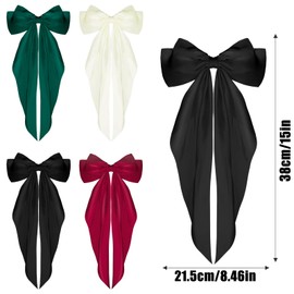 KXF 4 PCS Big Bow Hair Clip Long Silky Satin Ribbon Hair Clips Gift for Women Girls Lady Decorative Hair Barrettes Women Hair Fastener Wedding Hair Claws Ponytail Holder Hair Bow for Womens