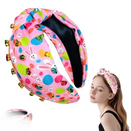 OCOUYVD Easter Bunny Jeweled Knotted Headband Rabbits Rhinestone Crystal Embellished Wide Top Knot Happy Easter Hairband Hair Accessories Easter Spring Birthday Gift for Women Girls