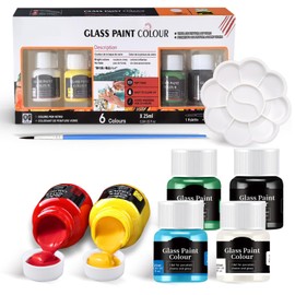Allony Glass Painting Kit, Glass Paints for Glass Painting, Gallery Glass Paint, 25ml*6 Colors of Paint + 1 Brush + 1 Color Palette, Bright Colors, Strong Covering Power