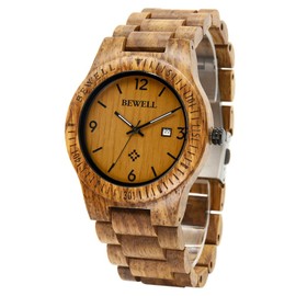 BEWELL ZS-W086B Men Wooden Watch Waterproof Quartz Movement Date Display Analog Wristwatches