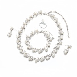 la luen Pearl Bride Wedding Jewelry Set,Faux Pearls Necklace Earrings Bracelet Adjustable Ring Sets For Women Bridesmaid Party (Silver - 5 Piece Pearl Set)