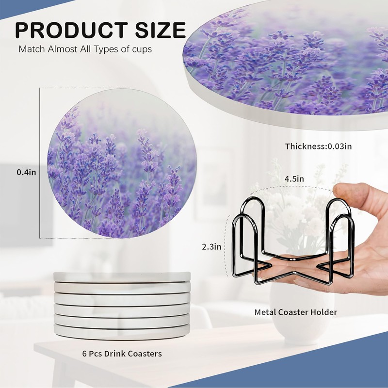 Lavender Field 6Pack Ceramic Drink Coasters,Quick-Absorb Stone Coasters with Anti-Slip