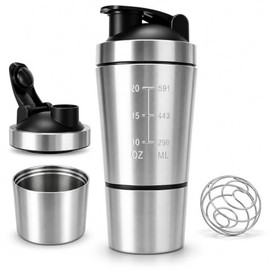 Janety Shaker Prote?na de Acero Inoxidable 600 Ml con Compartimento Desmontable, Botella Mezcladora para Gimnasio y Deporte