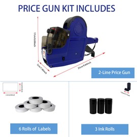 BIZXDEV 2 Line Price Gun Kit with 2400 White Labels 3 Ink Rollers,1 Ink roll and Labels Pre-Loaded