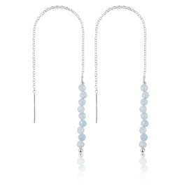 InfinitygemsArt Aquamarine Earrings For Women Beaded Gemstone Threader Dainty Earring Pair - Natural Beads Crystals And Healing Stones March Birthstone Jewelry in Silver Plated