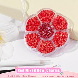 Kikonoke 420PCS Bow Nail Charms Kit with Half Pearls, 3D Acrylic Nail Gems Rhinestones, Pickup Tools for Nail Art Design, DIY Crafts, Valentine Gifts