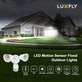 LUXFLY 2 Pack LED Motion Sensor Outdoor Light, 16W 1900LM 5000K Daylight, IP65 Waterproof Flood Lights, 2 Head Dusk to Dawn Motion Detected Security Light for Patio, Garage, Yard-White