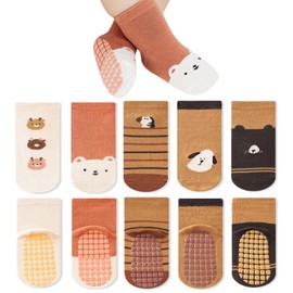 5 Pairs Baby Socks with Grip, Soft Cotton Anti-Slip Toddler Crew Socks For 0-12 Months/1-3/3-5/ Years Old Boys Girls Kids Infant Non Slip Ankle Socks Unisex Crawling Socks for Babies Boy Girl