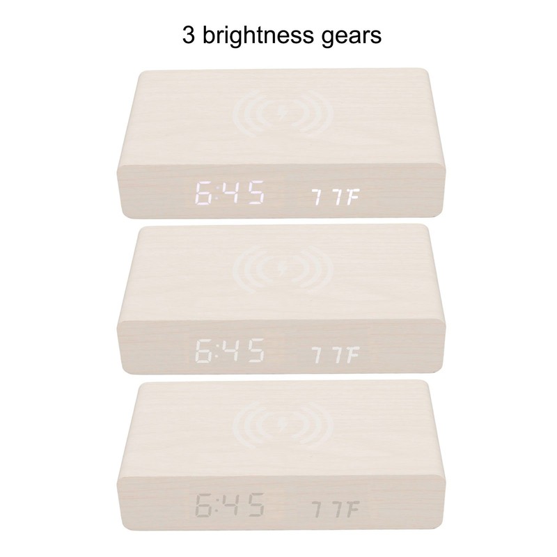 Wooden Digital Clock Wireless Charging Function 3 Brightness Electric Alarm
