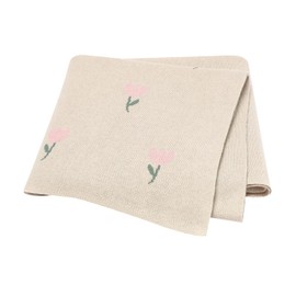 Hadetoto Baby Blanket 100% Cotton Knitted Blankets Soft Cosy Baby Blankets for Newborn (100x80cm) (Floral-Cream)