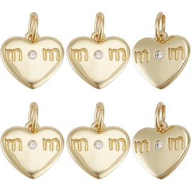 Beebeecraft 1 Box of 12 Cubic Zirconia Pendants "Mom" Gold-Plated Brass Heart Pendant with the Word "Mom" for Jewellery Making for Mother's Day, Gold-plated brass, cubic zirconia