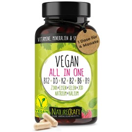 Vegan All-in-One - Vitamin B12+D3+K2+B2+B6+B9 Folic Acid + Zinc + Iron + Selenium + Sodium + Potassium + Iodine - Complex with 120 Capsules (4 Month Supply)