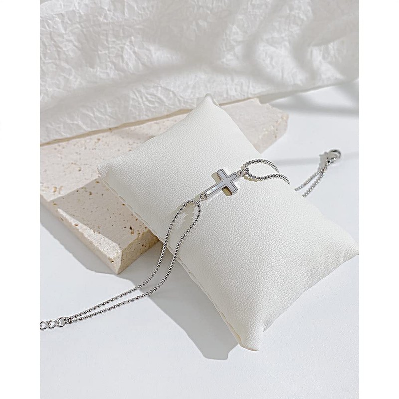Rockyu Womens Silver Cross Bracelet Adjustable Double Ball Chain Hypoallergenic