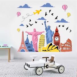 World Famous Landmarks Wall Decals: Peel and Stick Globe Travel Statue of Liberty Architecture City Buildings Wall Stickers - Living Room Bedroom Office Home Art Wall Decor