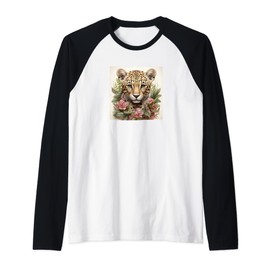 Leopard With Succulents Around Boho Style Graphic Raglan Baseball Tee