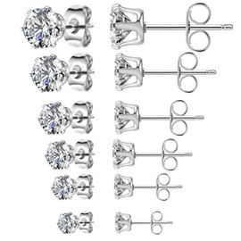5 Pairs Set Stainless Steel Stud Earrings Minimalist Cubic Zirconia CZ/Ball Earrings Studs Set for Men Women 3MM-8MM - Silver