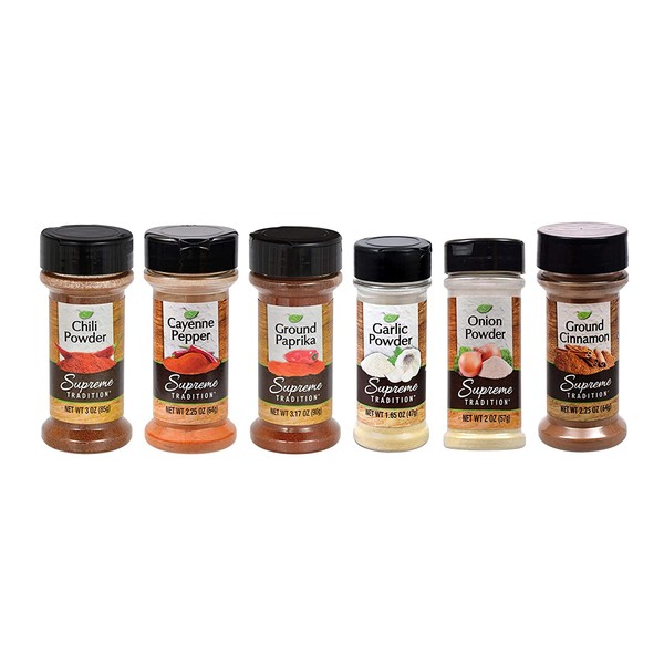 Supreme Spice Starter Set #1 with 6 Essential Spices for Cooking Basics – 6 Piece Spice Gift Set Includes Chili Powder, Onion Powder, Garlic Powder, Paprika, Cayenne Pepper and Cinnamon