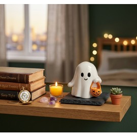 Cute Ghost Pumpkin Statue Halloween Decoration – Adorable Resin Figurine for Home, Desk & Shelf Decor