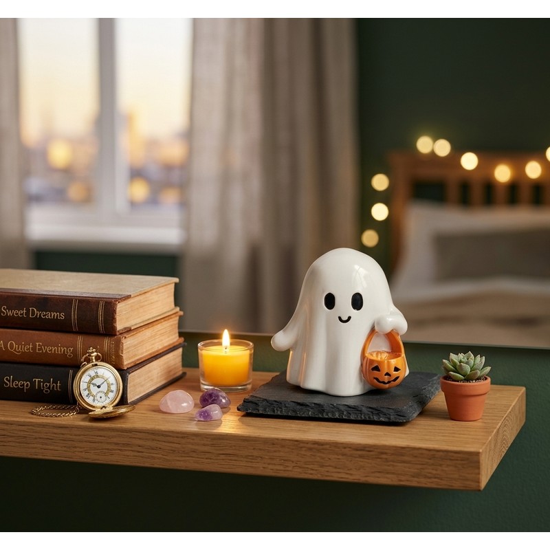 Cute Ghost Pumpkin Statue Halloween Decoration – Adorable Resin Figurine