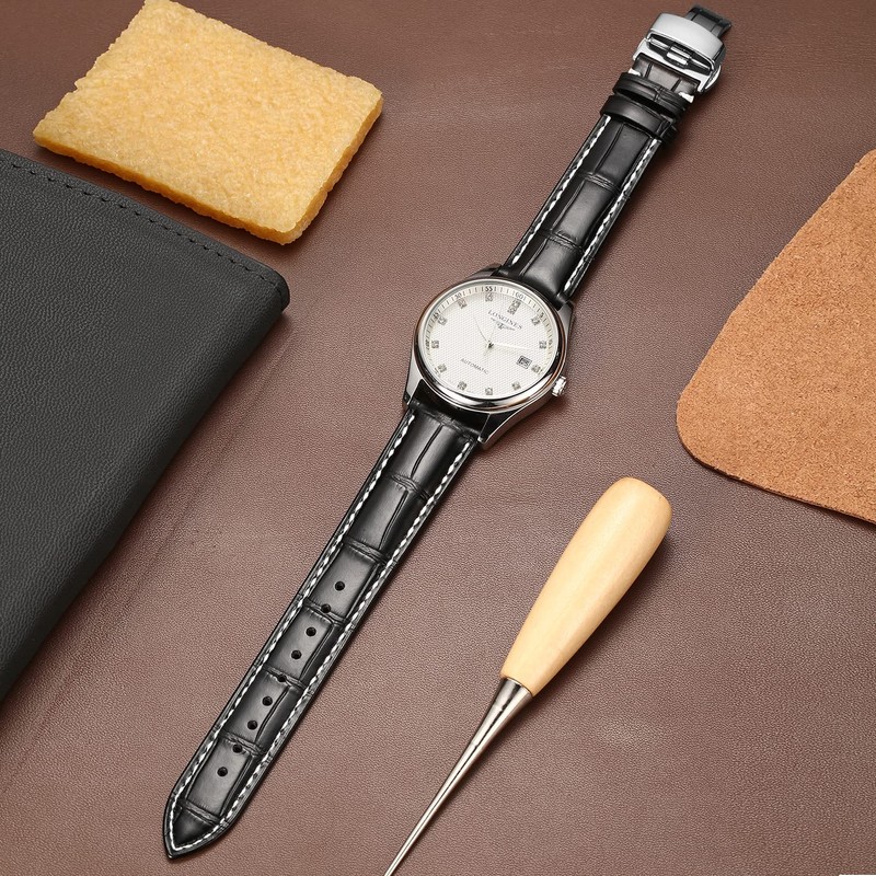 Moran Genuine Leather Watch Band, Quick Release, Polished, Deployment Buckle,