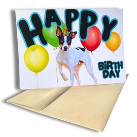Fava Bean Productions Happy Birthday Card with Dogs, Rat Terrier Card (1 Premium Card, 5x7 inches, Blank Inside) Dog Themed Birthday Card, Happy Birthday from Dog, Cute Rat Terrier Birthday Card- 361